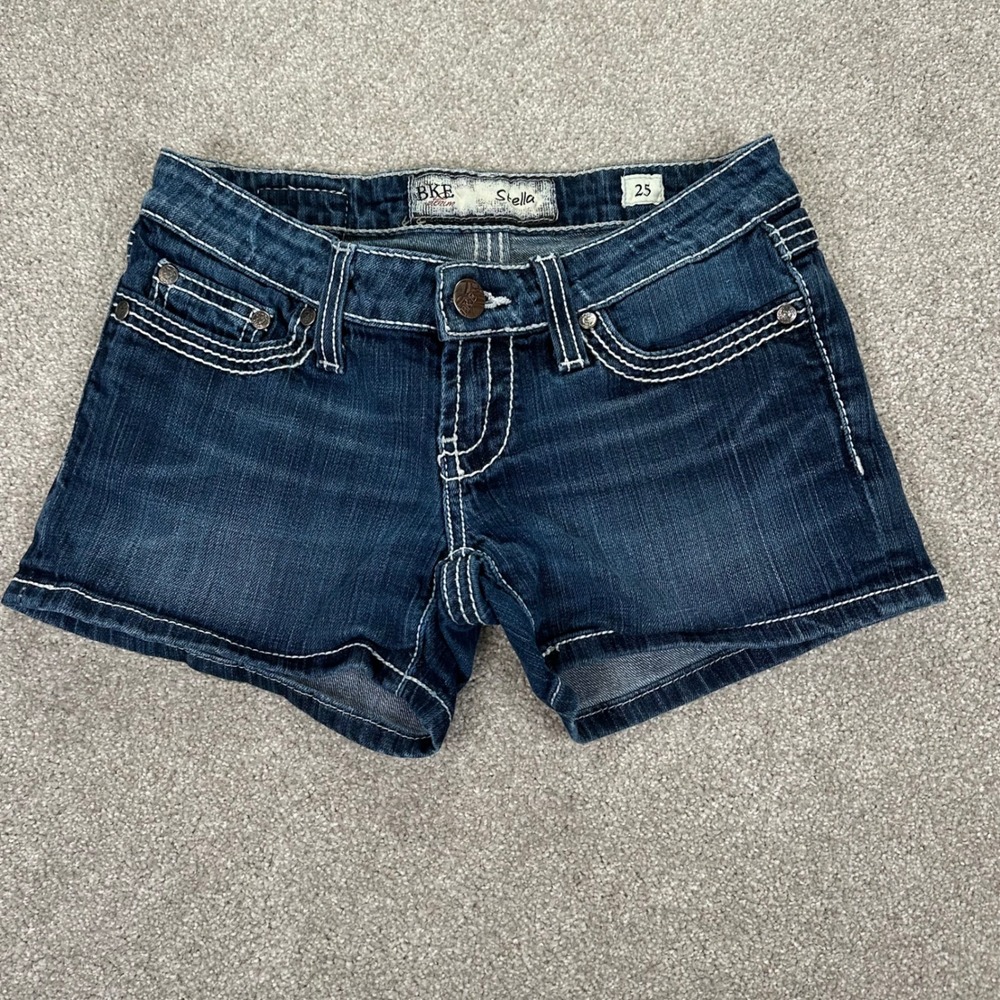 BKE Womens 25 Stella Denim Shorts Dark Wash Thick Stitch Rhinestone Y2K Western